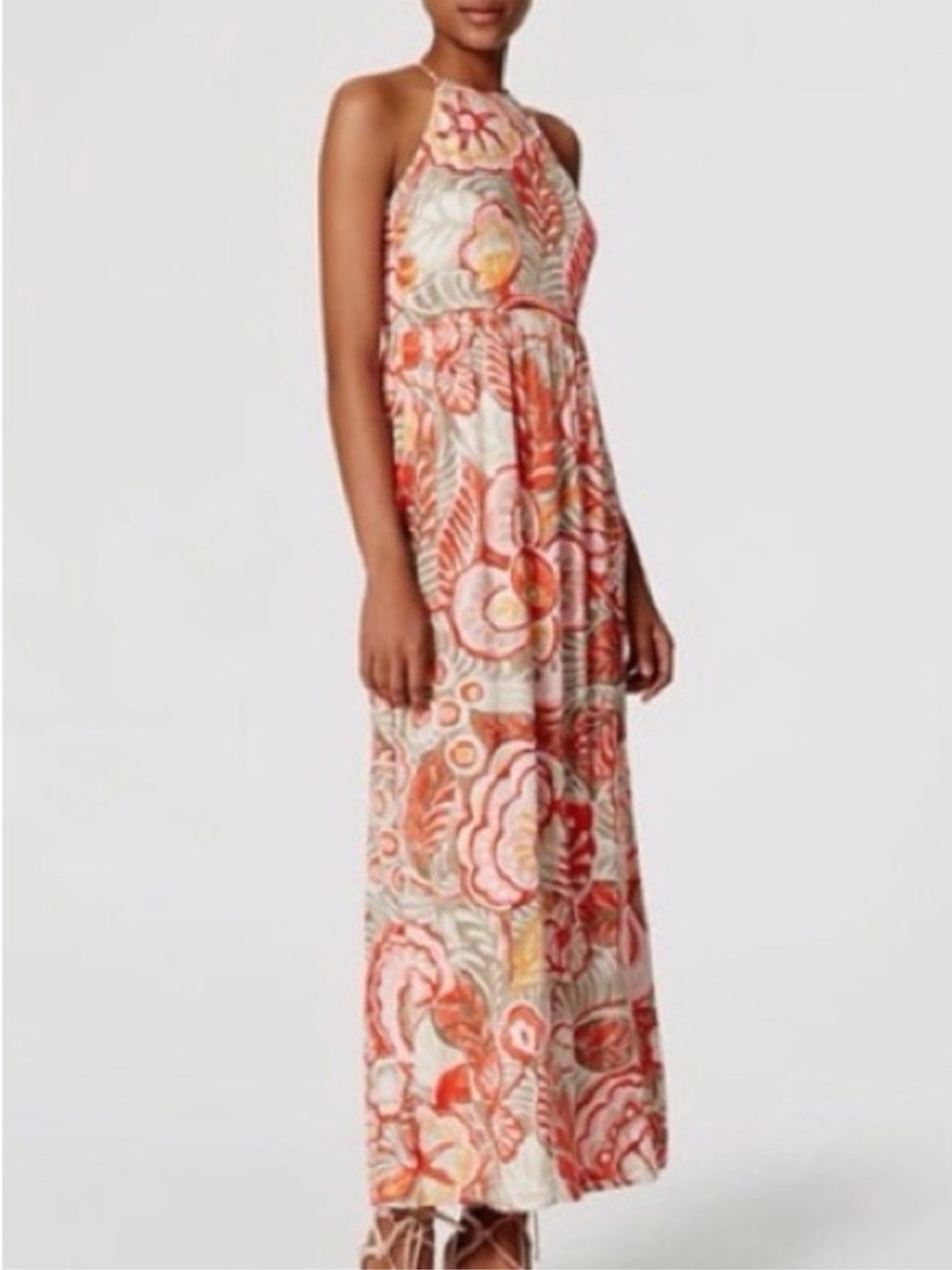 LOFT Coral and Cream Floral Halter Maxi Dress